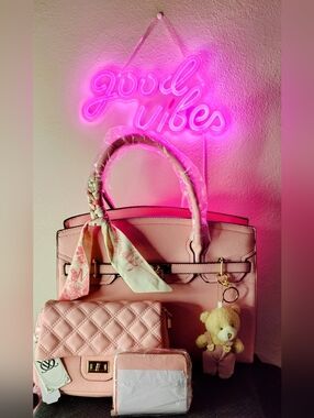 Blush Pink Structured Tote with Quilted Pouch and Scarf Accent